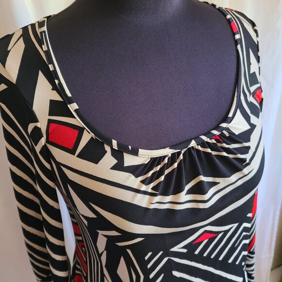 Vintage Jon Den Brand Black Tan Red Scoopneck Handkerchief Hem Blouse Size Small - Picture 2 of 4